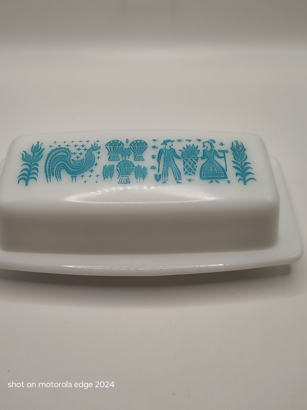 Vintage Pyrex Amish Butterprint Covered Butter Dish Turquoise White Milk Glass